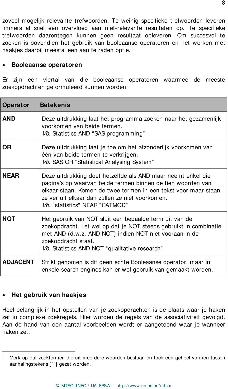 Om succesvol te zoeken is bovendien het gebruik van booleaanse operatoren en het werken met haakjes daarbij meestal een aan te raden optie.