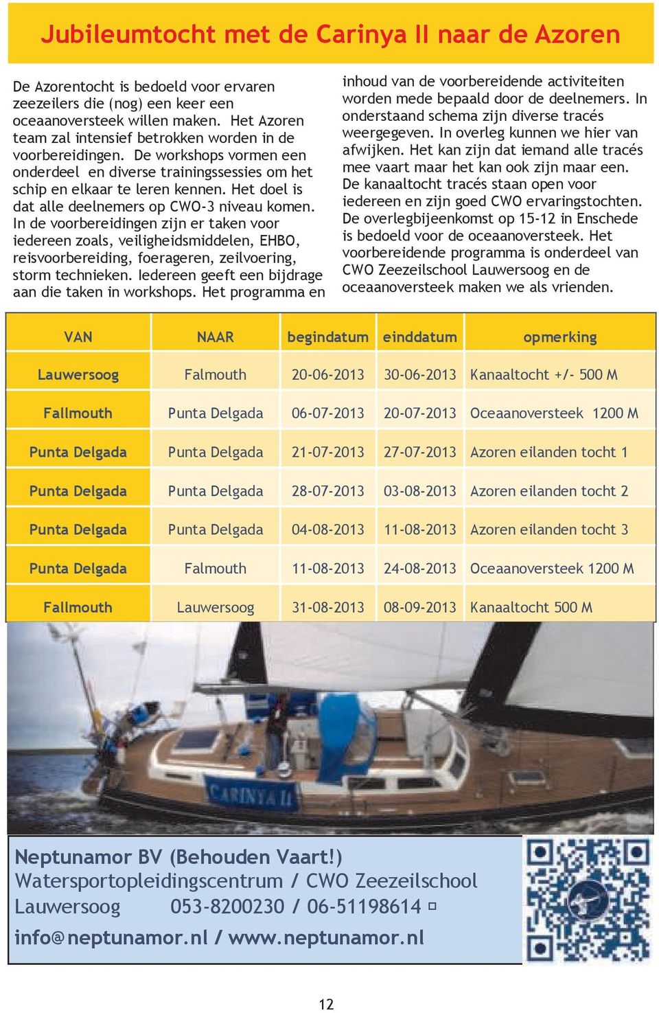 Het doel is dat alle deelnemers op CWO-3 niveau komen. In de voorbereidingen zijn er taken voor iedereen zoals, veiligheidsmiddelen, EHBO, reisvoorbereiding, foerageren, zeilvoering, storm technieken.