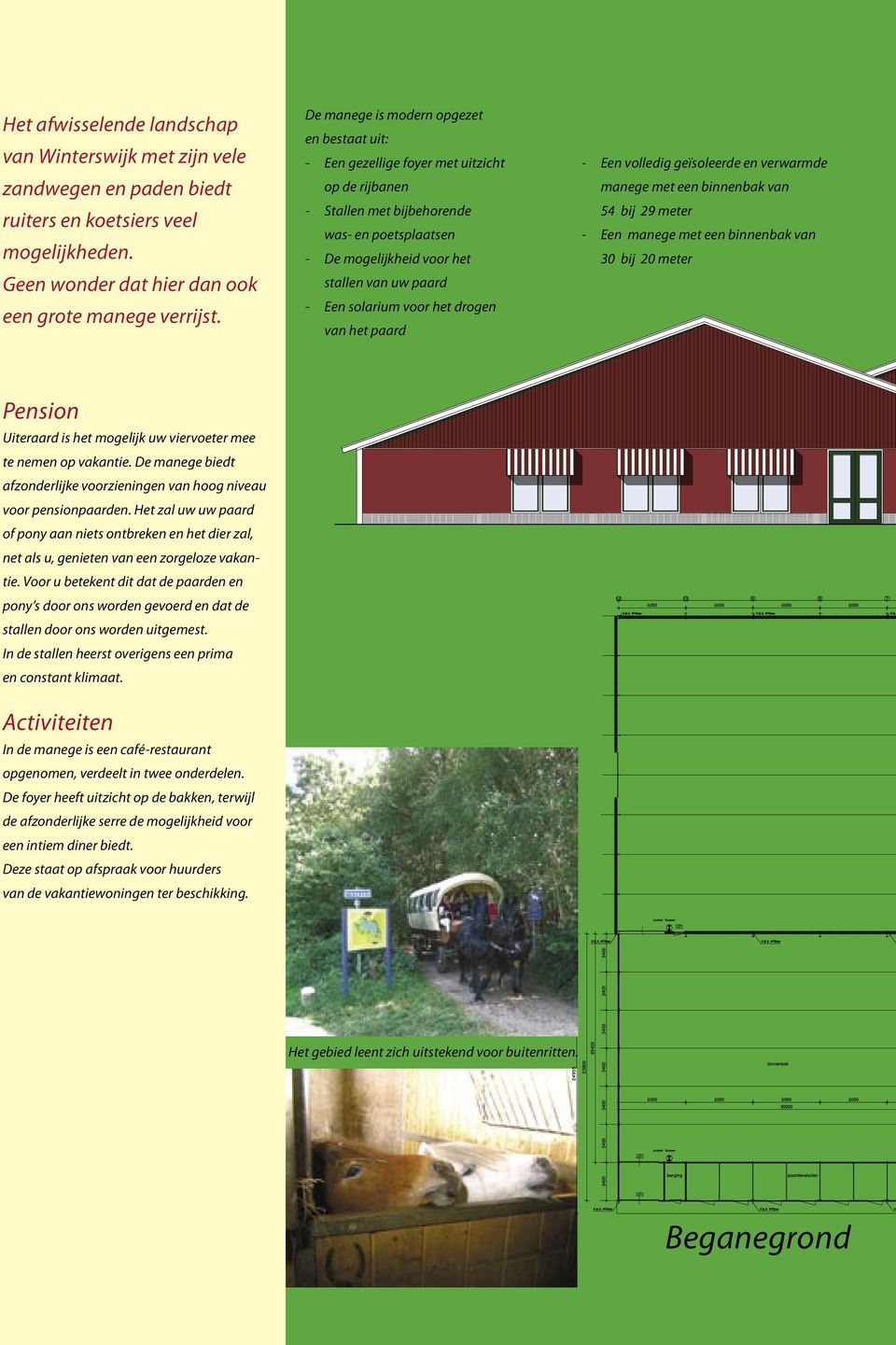 solarium voor het drogen van het paard - Een volledig geïsoleerde en verwarmde manege met een binnenbak van 54 bij 29 meter - Een manege met een binnenbak van 30 bij 20 meter Pension Uiteraard is het