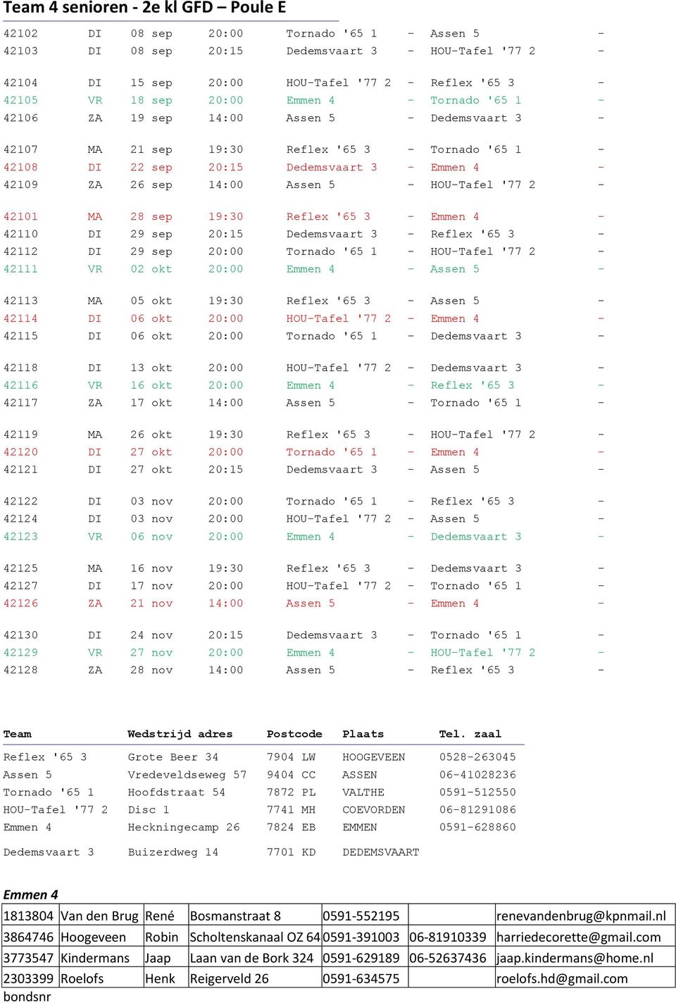 14:00 Assen 5 - HOU-Tafel '77 2-42101 MA 28 sep 19:30 Reflex '65 3 - Emmen 4-42110 DI 29 sep 20:15 Dedemsvaart 3 - Reflex '65 3-42112 DI 29 sep 20:00 Tornado '65 1 - HOU-Tafel '77 2-42111 VR 02 20:00