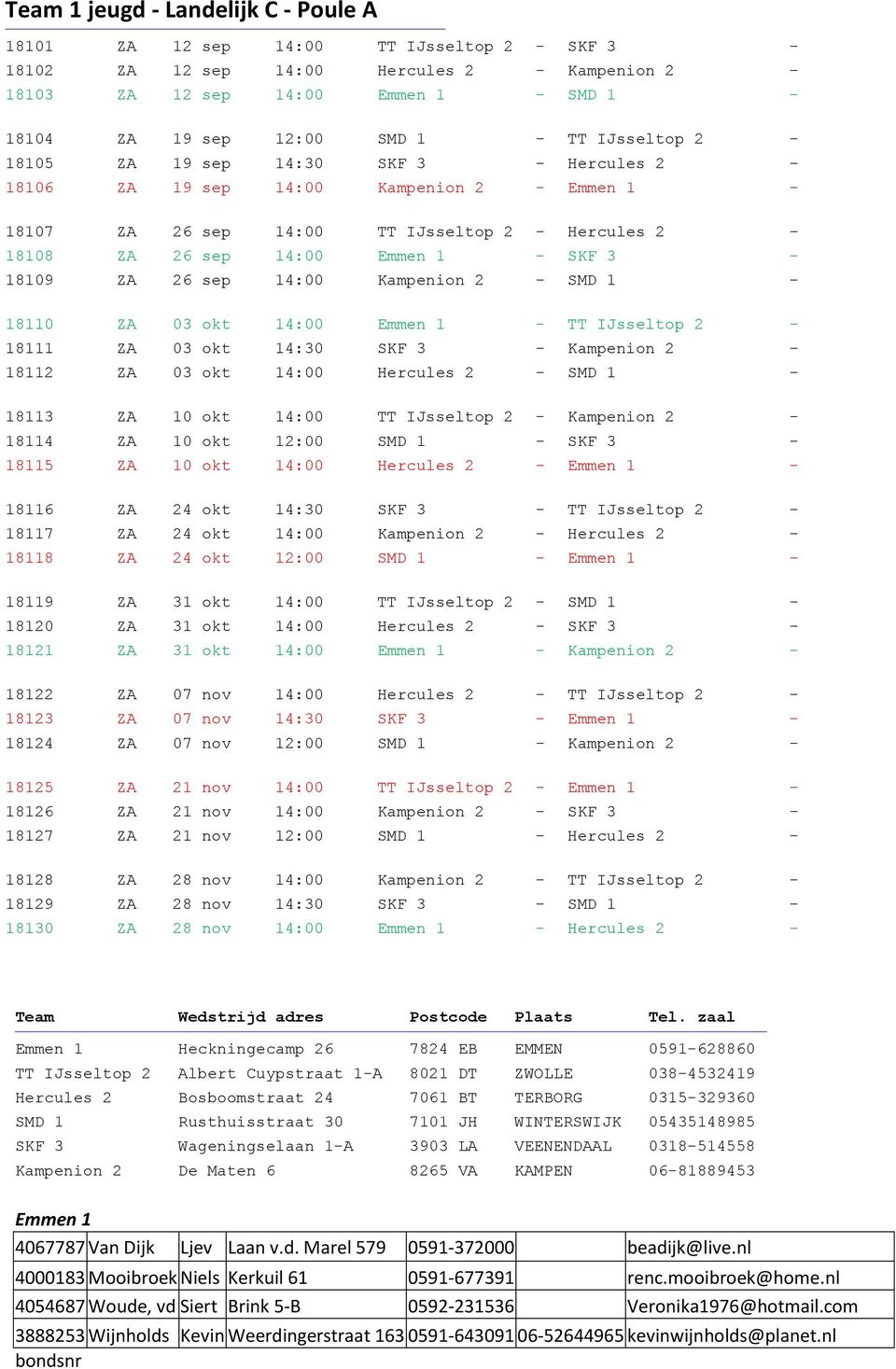 sep 14:00 Kampenion 2 - SMD 1-18110 ZA 03 14:00 Emmen 1 - TT IJsseltop 2-18111 ZA 03 14:30 SKF 3 - Kampenion 2-18112 ZA 03 14:00 Hercules 2 - SMD 1-18113 ZA 10 14:00 TT IJsseltop 2 - Kampenion