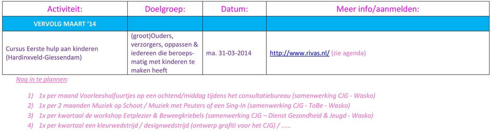 31 03 2014 1) 1x per maand Voorleeshalfuurtjes op een ochtend/middag tijdens het consultatiebureau (samenwerking CJG Wasko) 2) 1x per 2 maanden Muziek op