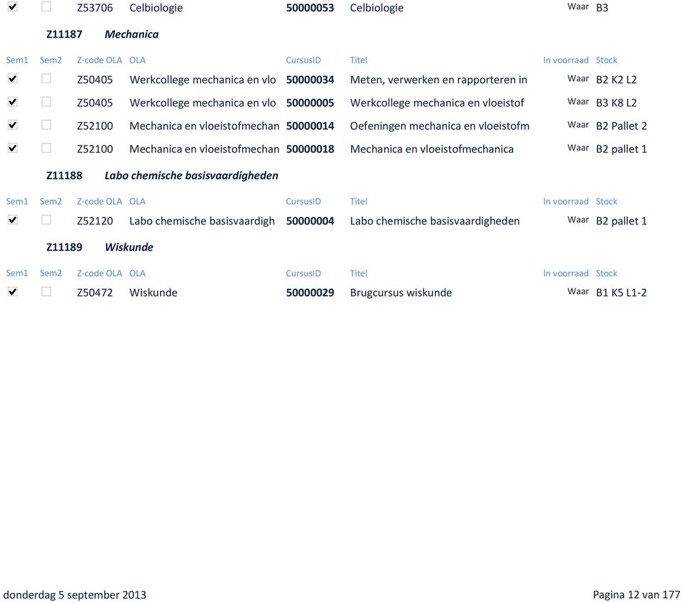 Pallet 2 Z52100 Mechanica en vloeistofmechan 50000018 Mechanica en vloeistofmechanica Waar B2 pallet 1 Z11188 Labo chemische basisvaardigheden Z52120 Labo chemische