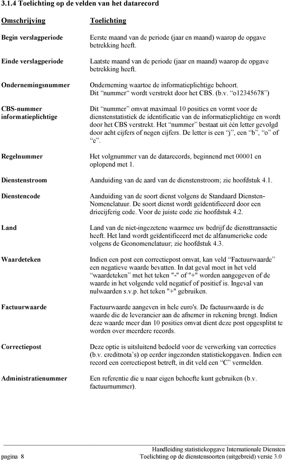 Dit nummer wordt verstrekt door het CBS. (b.v. o12345678 ) Dit nummer omvat maximaal 10 posities en vormt voor de dienstenstatistiek de identificatie van de informatieplichtige en wordt door het CBS verstrekt.