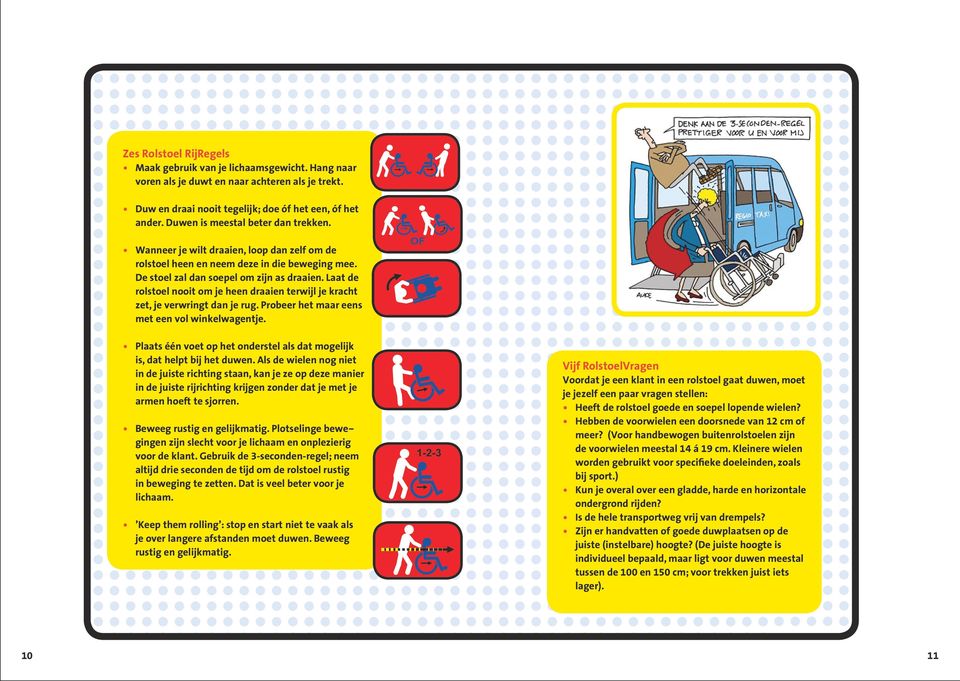 Laat de rolstoel nooit om je heen draaien terwijl je kracht zet, je verwringt dan je rug. Probeer het maar eens met een vol winkelwagentje.