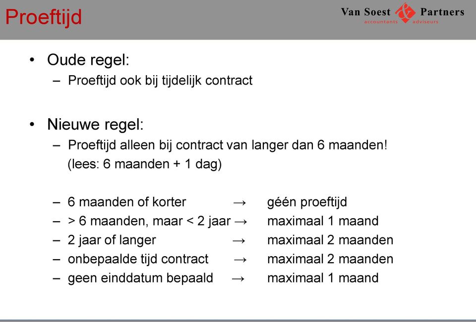 (lees: 6 maanden + 1 dag) 6 maanden of korter géén proeftijd > 6 maanden, maar < 2 jaar