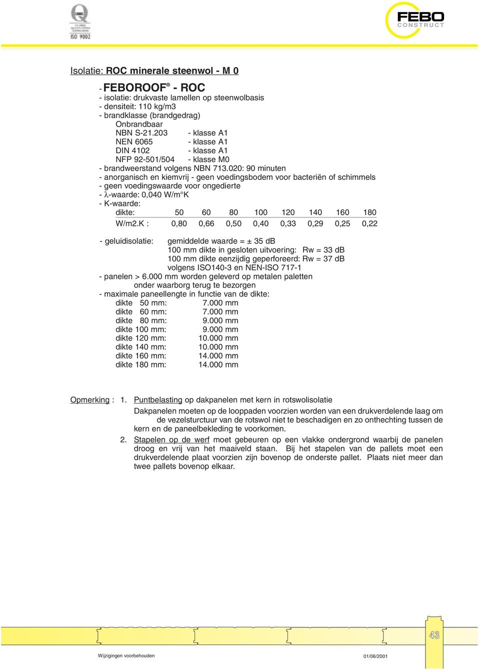 020: 90 minuten - λ-waarde: 0,040 W/m K - K-waarde: dikte: 50 60 80 100 120 140 160 180 W/m2.