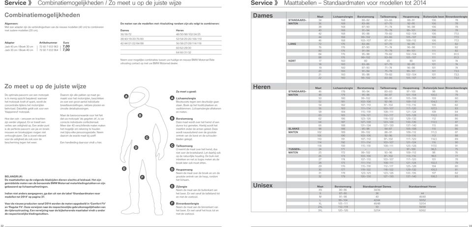 Adapter Artikelnummer Euro Jack 40 cm / Broek 30 cm 2 653 963,00 Jack 30 cm / Broek 40 cm 2 653 964,00 De maten van de modellen met ritssluiting rondom zijn als volgt te combineren: Dames Heren 36 /