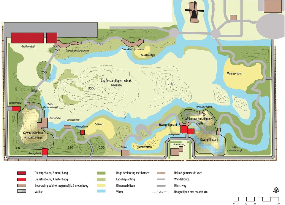 Dienstgebouw Dienstwoning Dwergnijlpaard Volière (10 meter hoog) Dienstgebouw, 7 meter hoog Hoge beplanting met bomen Hek op gemetselde voet Dienstgebouw, 3 meter hoog Lage beplanting Wandelroute
