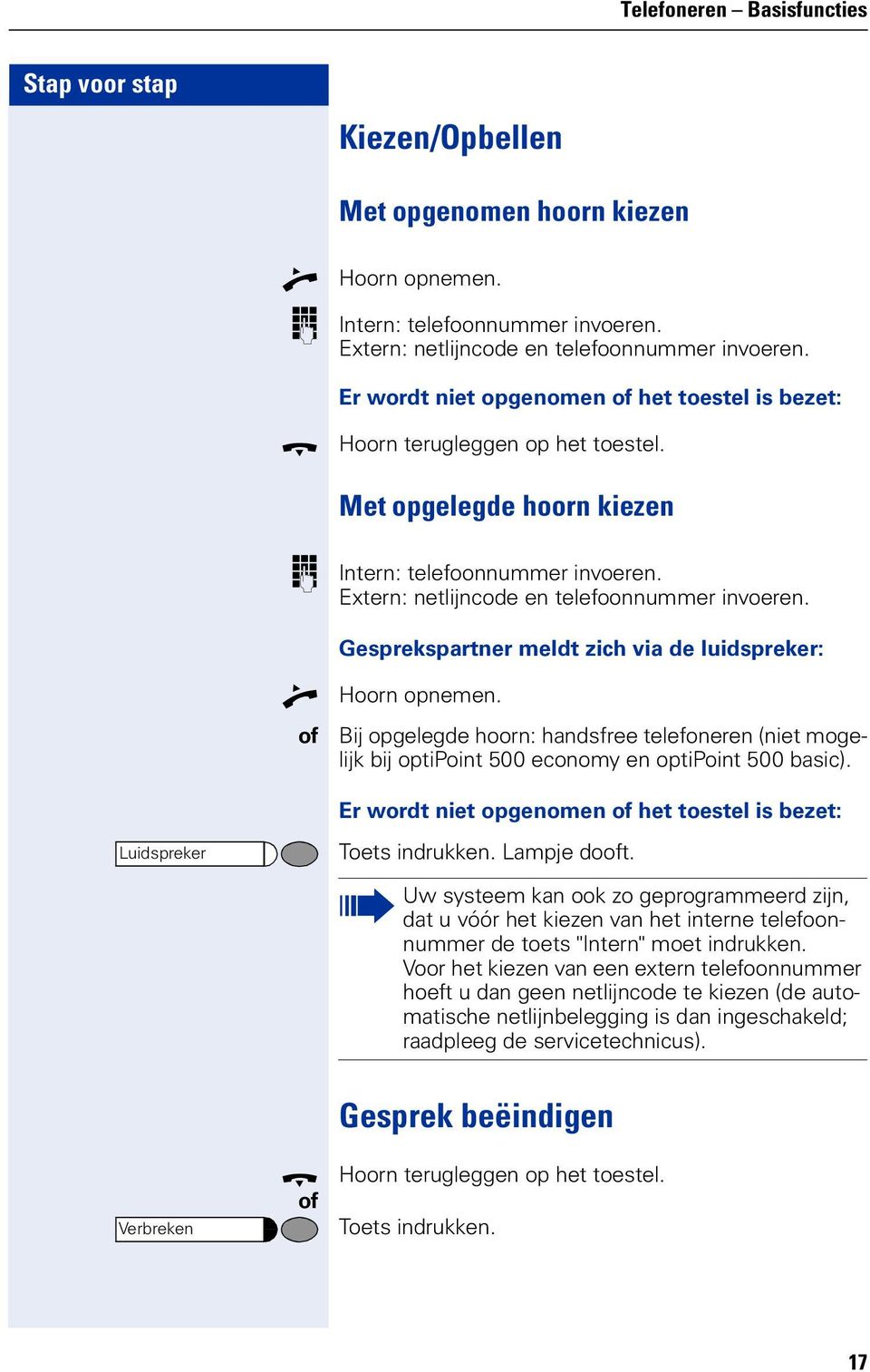 Gesprekspartner meldt zich via de luidspreker: n Hoorn opnemen. Bij opgelegde hoorn: handsfree telefoneren (niet mogelijk bij optipoint 500 economy en optipoint 500 basic).