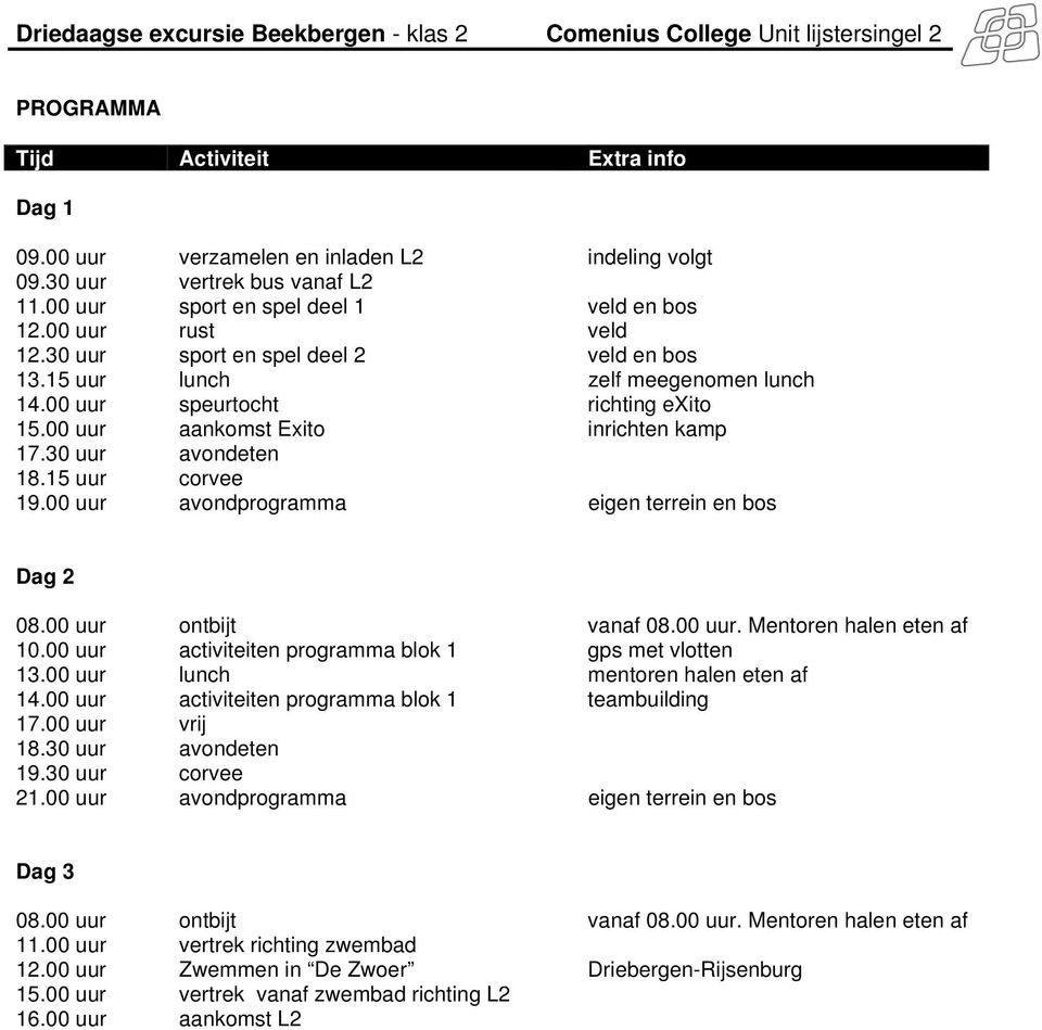 00 uur avondprogramma eigen terrein en bos Dag 2 08.00 uur ontbijt vanaf 08.00 uur. Mentoren halen eten af 10.00 uur activiteiten programma blok 1 gps met vlotten 13.