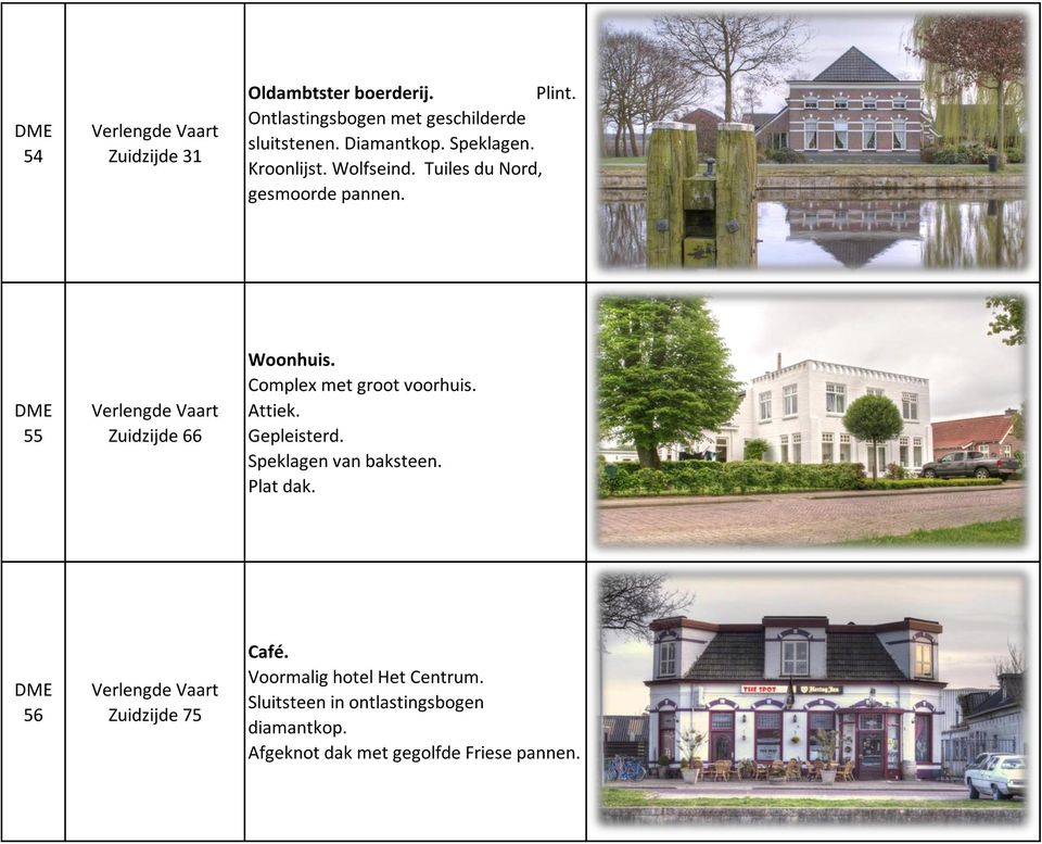 Complex met groot voorhuis. Attiek. Gepleisterd. Speklagen van baksteen. Plat dak. 56 Zuidzijde 75 Café.