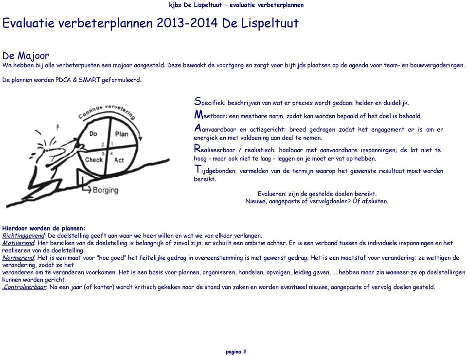 Specifiek: beschrijven van wat er precies wordt gedaan: helder en duidelijk. Meetbaar: een meetbare norm, zodat kan worden bepaald of het doel is behaald.