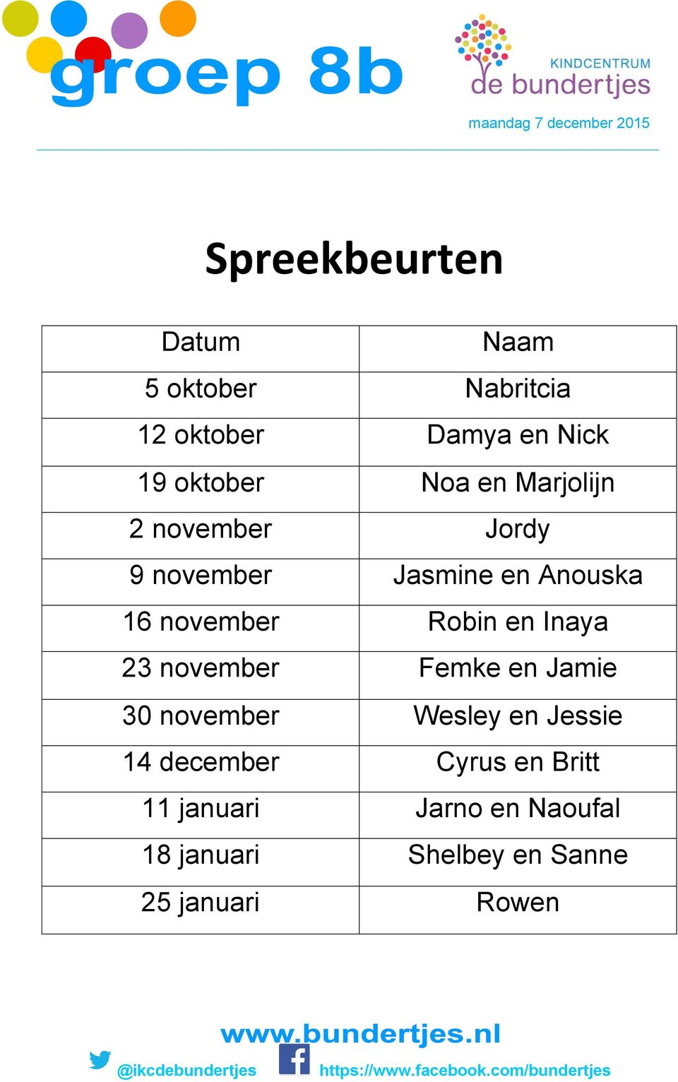 23 november Femke en Jamie 30 november Wesley en Jessie 14 december Cyrus en Britt 11 januari Jarno