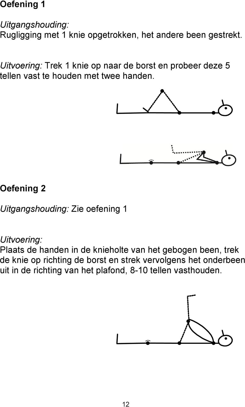 Oefening 2 Uitgangshouding: Zie oefening 1 Uitvoering: Plaats de handen in de knieholte van het gebogen