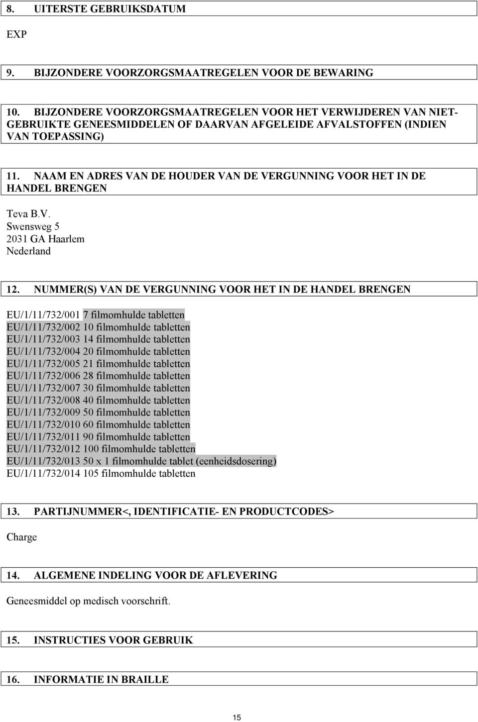 NAAM EN ADRES VAN DE HOUDER VAN DE VERGUNNING VOOR HET IN DE HANDEL BRENGEN Teva B.V. Swensweg 5 2031 GA Haarlem Nederland 12.