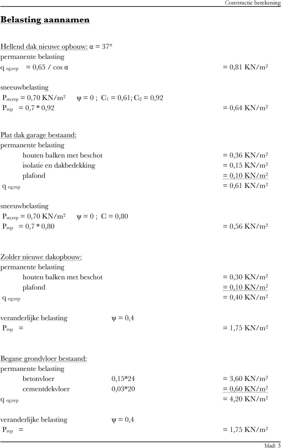 Psn;rep = 0,70 KN/m 2 ψ = 0 ; C = 0,80 Prep = 0,7 * 0,80 = 0,56 KN/m 2 Zolder nieuwe dakopbouw: permanente belasting houten balken met beschot = 0,30 KN/m 2 plafond = 0,10 KN/m 2 q eg;rep = 0,40 KN/m