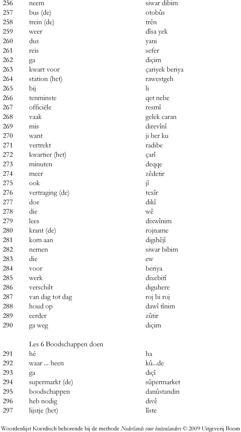 vertraging (de) texîr 277 doe dikî 278 die wê 279 lees dixwînim 280 krant (de) rojname 281 kom aan digihêjî 282 nemen siwar bibim 283 die ew 284 voor beriya 285 werk dixebitî 286 verschilt diguhere