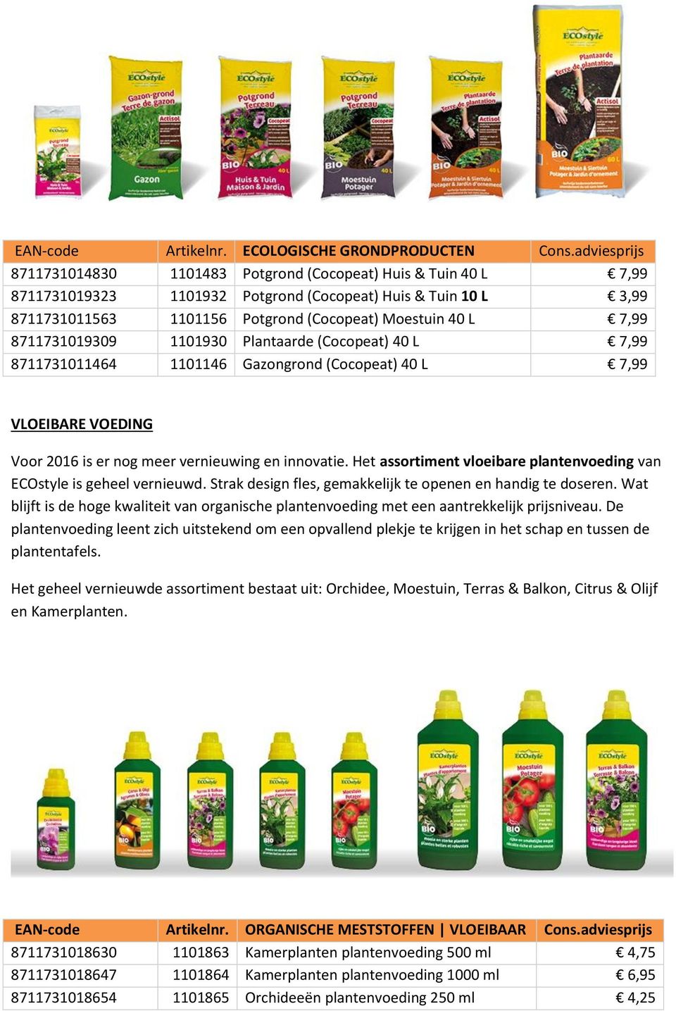 7,99 8711731019309 1101930 Plantaarde (Cocopeat) 40 L 7,99 8711731011464 1101146 Gazongrond (Cocopeat) 40 L 7,99 VLOEIBARE VOEDING Voor 2016 is er nog meer vernieuwing en innovatie.