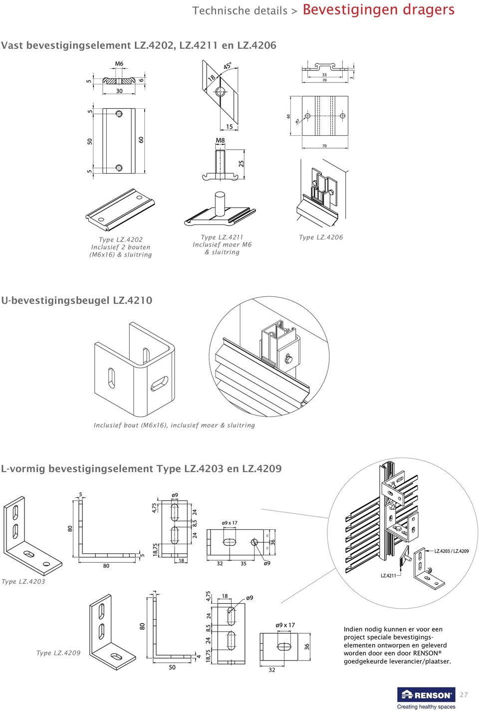 4210 Inclusief bout (M6x16), inclusief moer & sluitring L-vormig bevestigingselement Type LZ.4203 en LZ.4209 = = Type LZ.