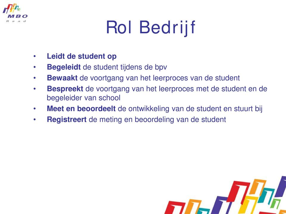 leerproces met de student en de begeleider van school Meet en beoordeelt de