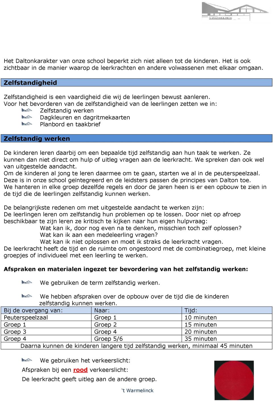 Voor het bevorderen van de zelfstandigheid van de leerlingen zetten we in: Zelfstandig werken Dagkleuren en dagritmekaarten Planbord en taakbrief Zelfstandig werken De kinderen leren daarbij om een