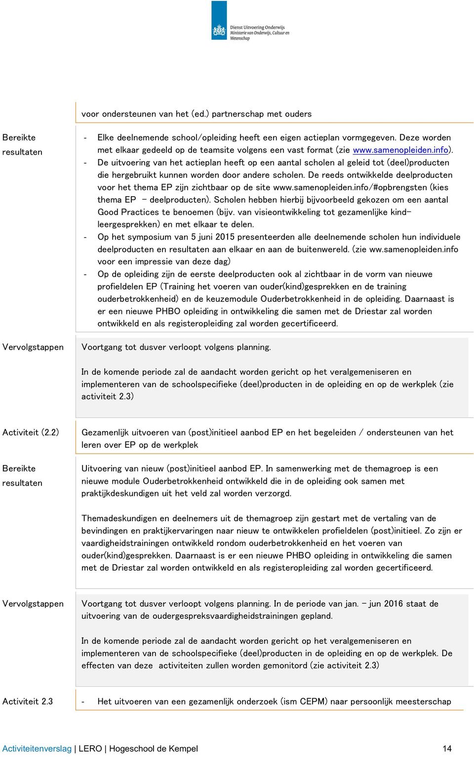 - De uitvoering van het actieplan heeft op een aantal scholen al geleid tot (deel)producten die hergebruikt kunnen worden door andere scholen.