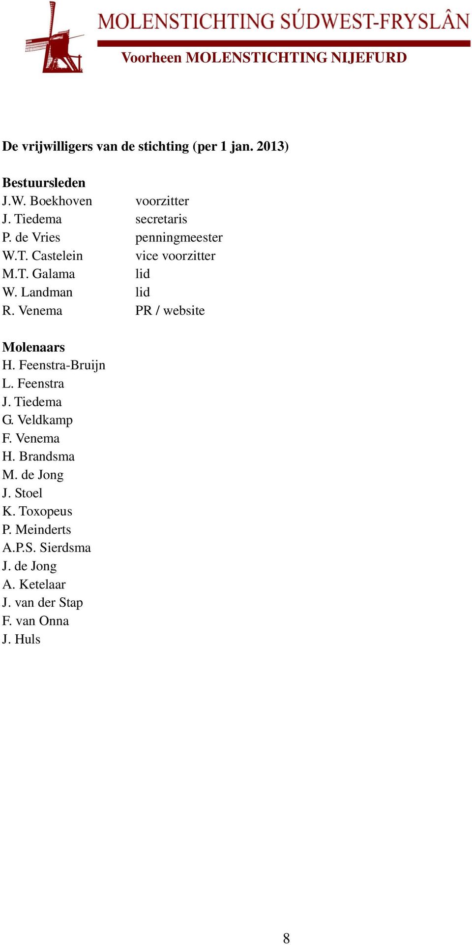 Landman lid R. Venema PR / website Molenaars H. Feenstra-Bruijn L. Feenstra J. Tiedema G. Veldkamp F.