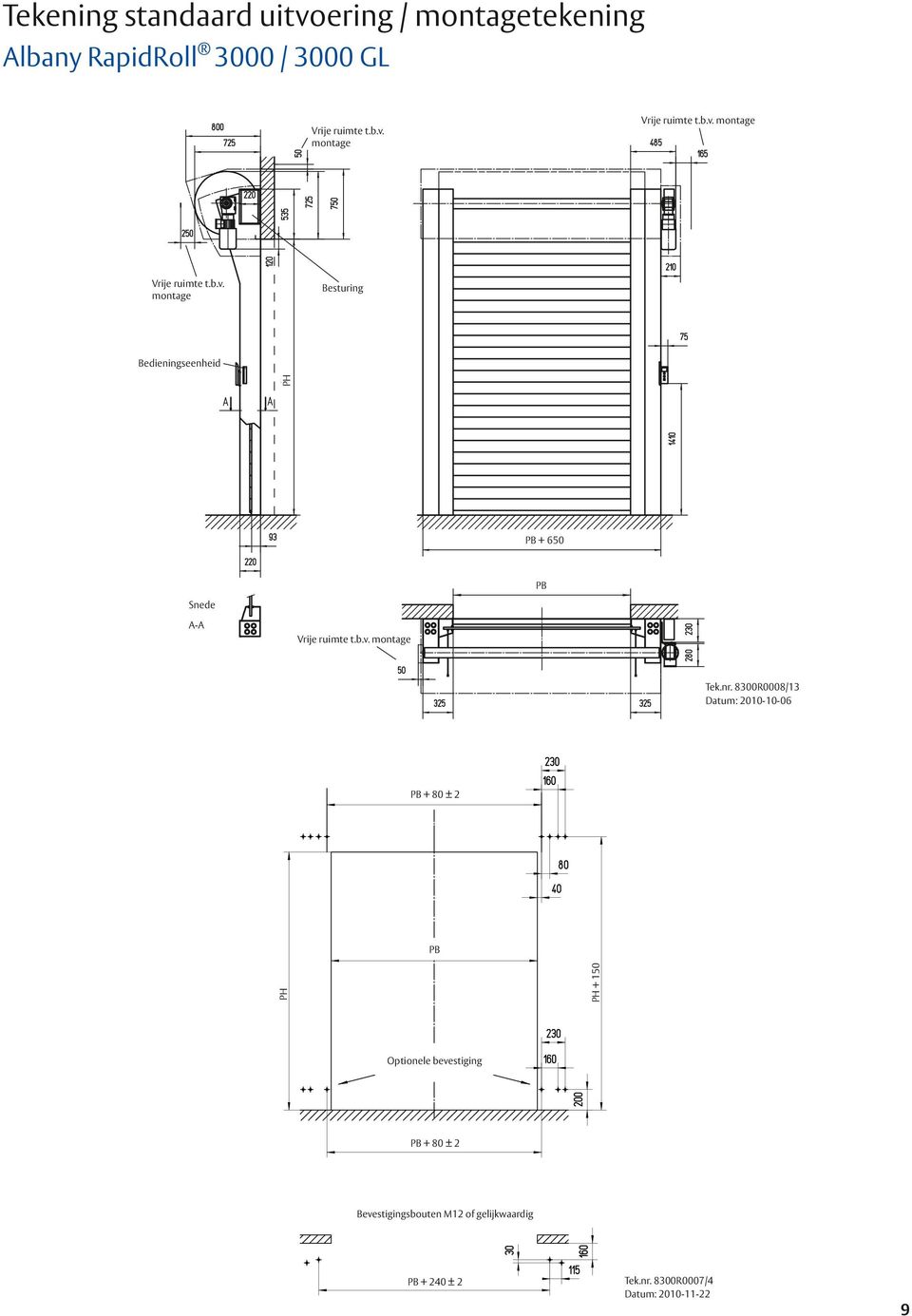 nr. 8300R0008/13 Datum: 2010-10-06 PB + 80 ± 2 PB PH PH + 150 PH Optionele bevestiging PB + 80 ± 2