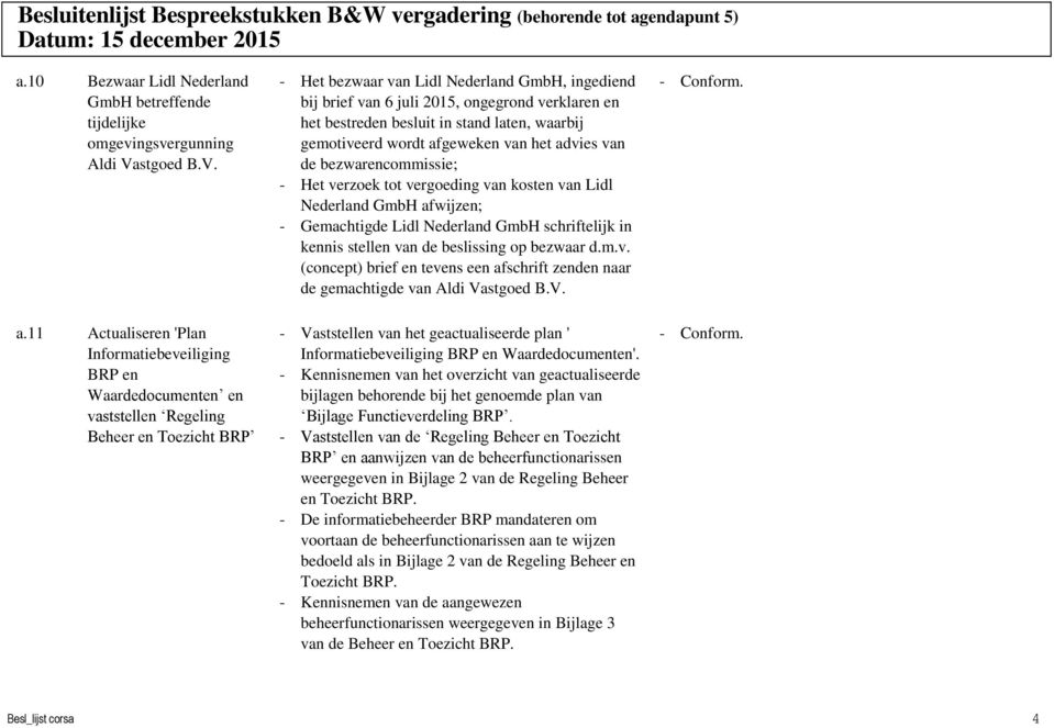 - Het bezwaar van Lidl Nederland GmbH, ingediend bij brief van 6 juli 2015, ongegrond verklaren en het bestreden besluit in stand laten, waarbij gemotiveerd wordt afgeweken van het advies van de