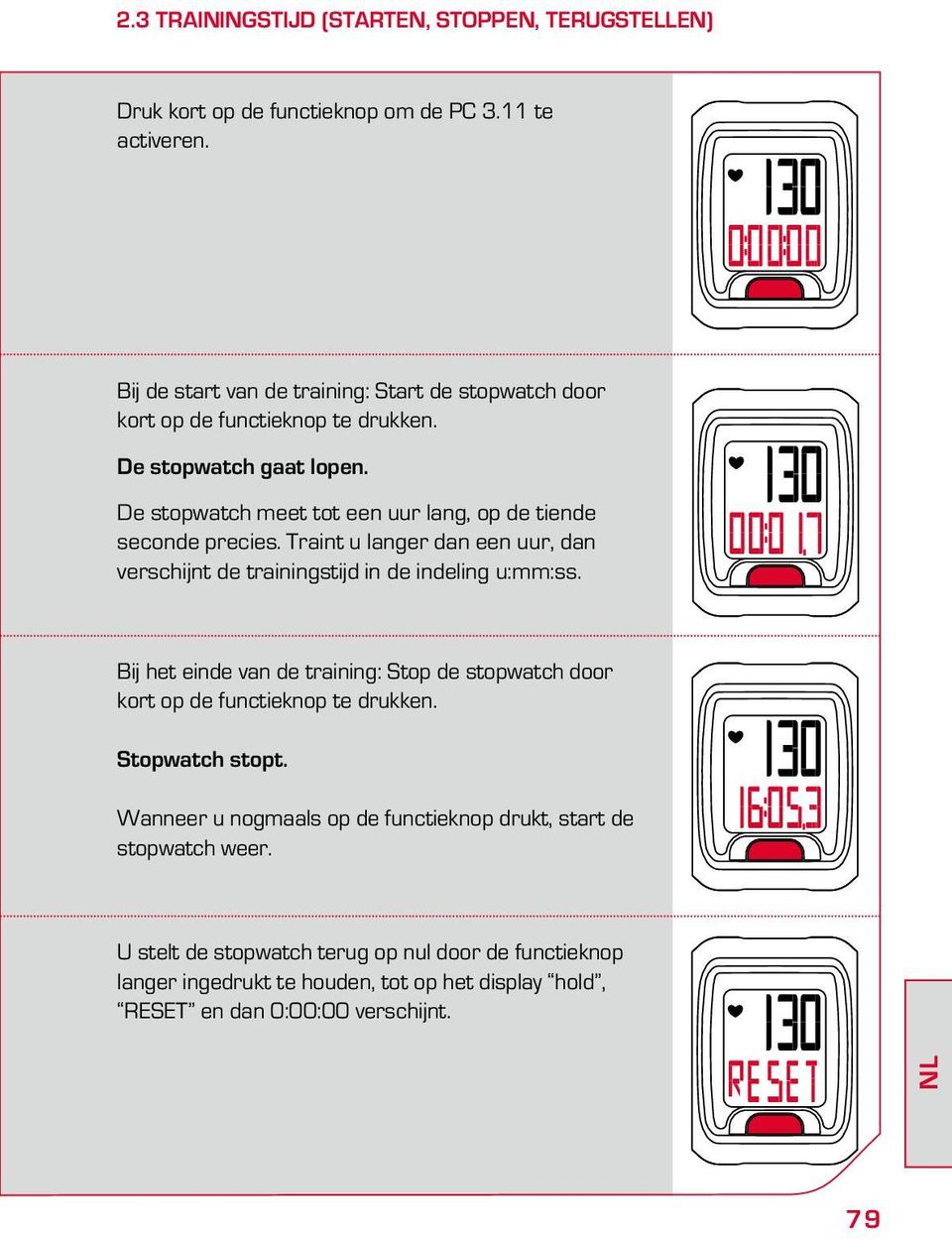 De stopwatch meet tot een uur lang, op de tiende seconde precies. Traint u langer dan een uur, dan verschijnt de trainingstijd in de indeling u:mm:ss.