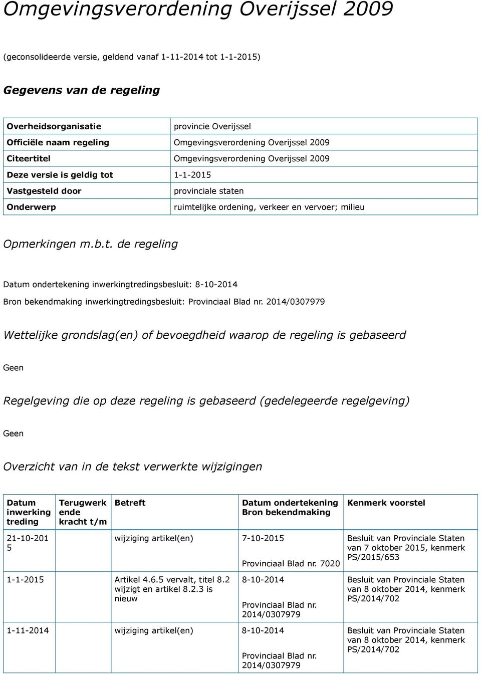 vervoer; milieu Opmerkingen m.b.t. de regeling Datum ondertekening inwerkingtredingsbesluit: 8-10-2014 Bron bekendmaking inwerkingtredingsbesluit: Provinciaal Blad nr.