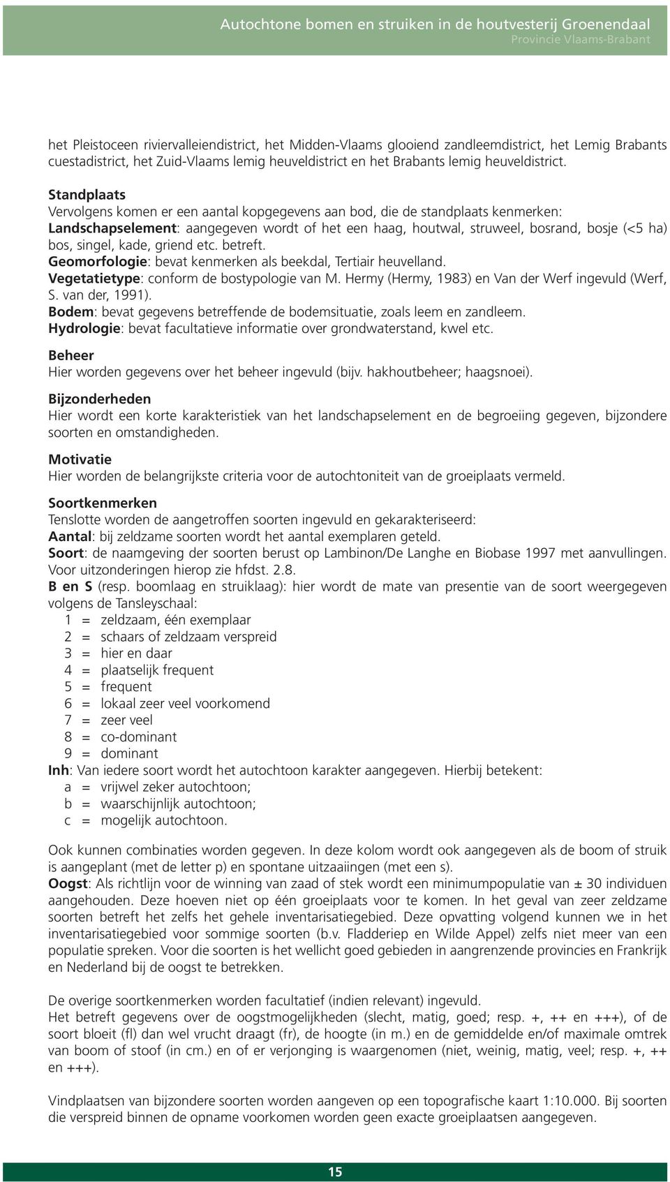 singel, kade, griend etc. betreft. Geomorfologie: bevat kenmerken als beekdal, Tertiair heuvelland. Vegetatietype: conform de bostypologie van M. Hermy (Hermy, 1983) en Van der Werf ingevuld (Werf, S.