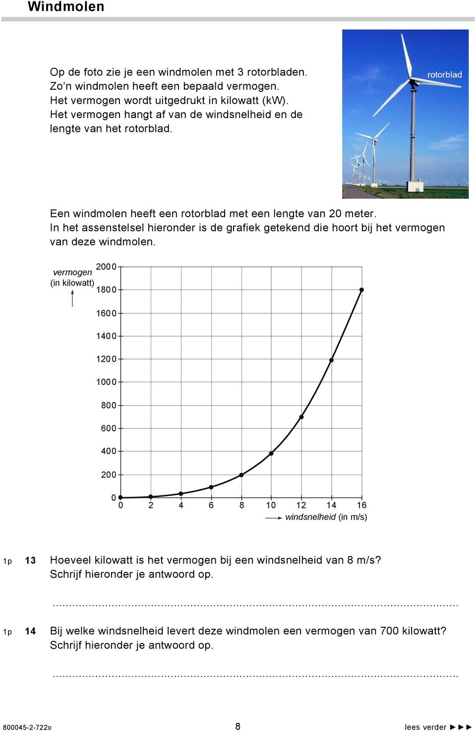 In het assenstelsel hieronder is de grafiek getekend die hoort bij het vermogen van deze windmolen.