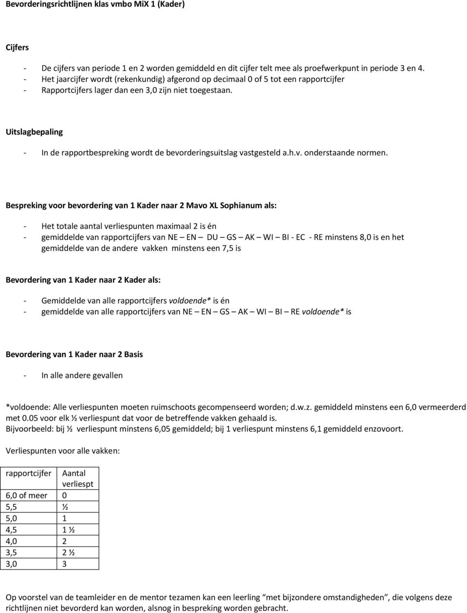 als: - Gemiddelde van alle rapportcijfers voldoende* is én - gemiddelde van alle rapportcijfers van NE EN GS AK WI BI RE voldoende* is Bevordering van 1 Kader naar 2 Basis - In alle andere gevallen