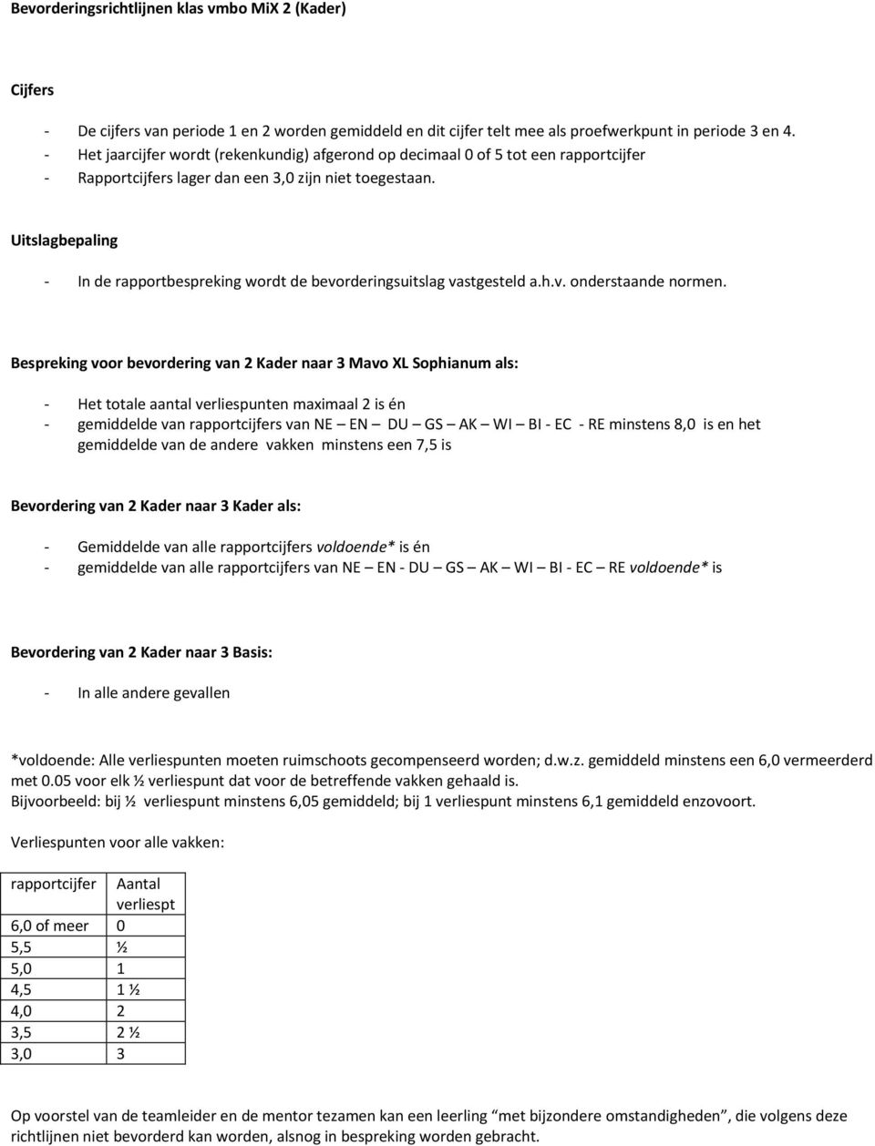 als: - Gemiddelde van alle rapportcijfers voldoende* is én - gemiddelde van alle rapportcijfers van NE EN - DU GS AK WI BI - EC RE voldoende* is Bevordering van 2 Kader naar 3 Basis: - In alle andere