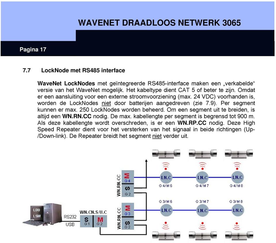 24 VDC) voorhanden is, worden de LockNodes niet door batterijen aangedreven (zie 7.9). Per segment kunnen er max. 250 LockNodes worden beheerd.