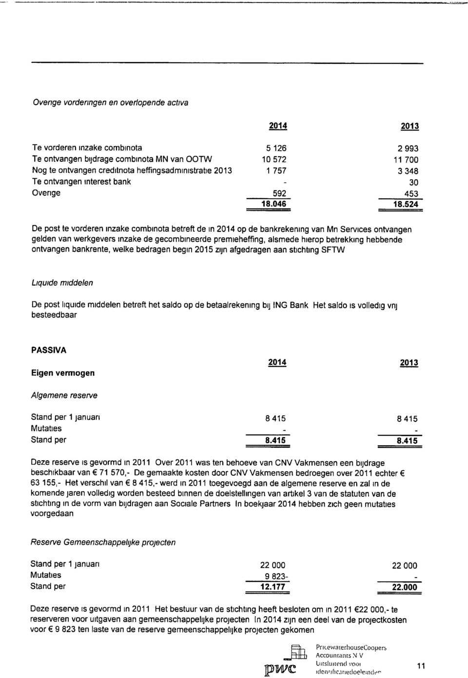 524 De post te vorderen inzake combinota betreft de in 2014 op de bankrekening van Mn Sen/ices ontvangen gelden van werkgevers inzake de gecombineerde premieheffing, alsmede hierop betrekking