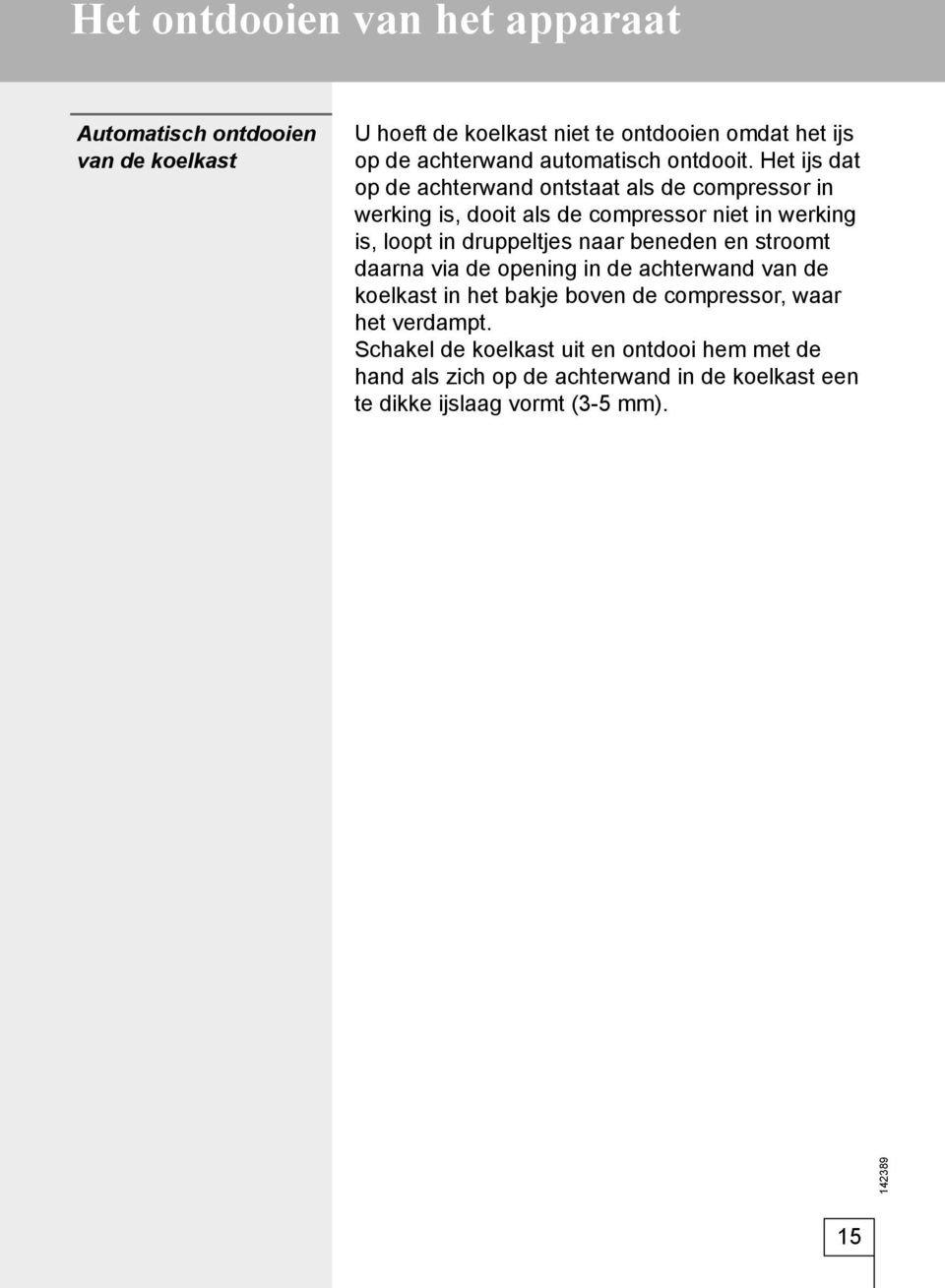 Het ijs dat op de achterwand ontstaat als de compressor in werking is, dooit als de compressor niet in werking is, loopt in druppeltjes