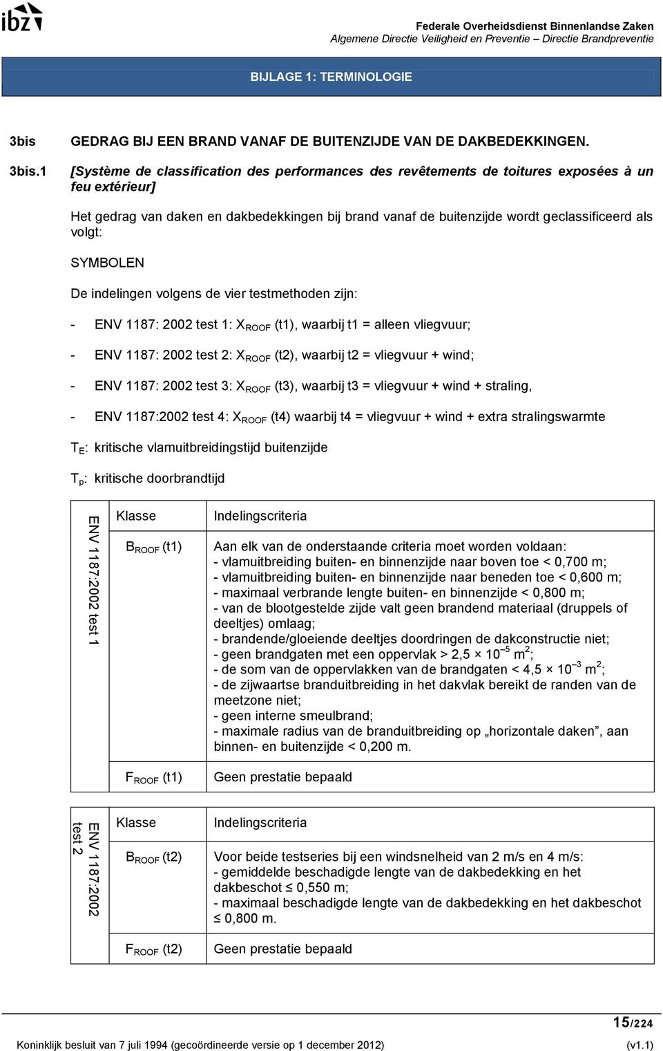 volgt: SYMBOLEN De indelingen volgens de vier testmethoden zĳn: - ENV 1187: 2002 test 1: X ROOF (t1), waarbĳ t1 = alleen vliegvuur; - ENV 1187: 2002 test 2: X ROOF (t2), waarbĳ t2 = vliegvuur + wind;