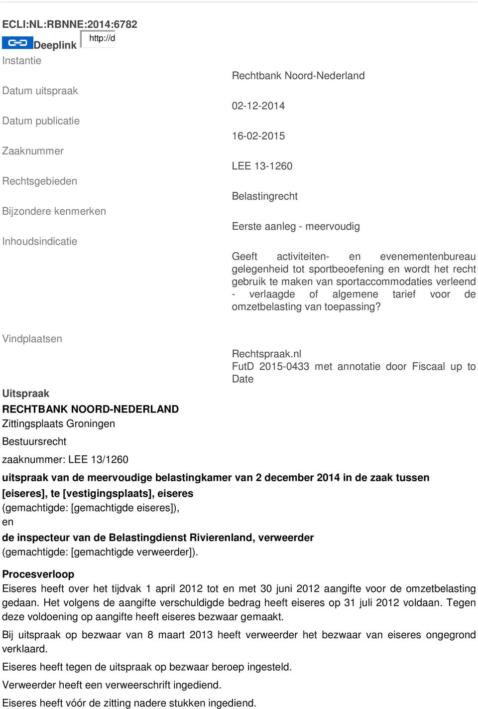 verlaagde of algemene tarief voor de omzetbelasting van toepassing? Vindplaatsen Uitspraak RECHTBANK NOORD-NEDERLAND Zittingsplaats Groningen Rechtspraak.
