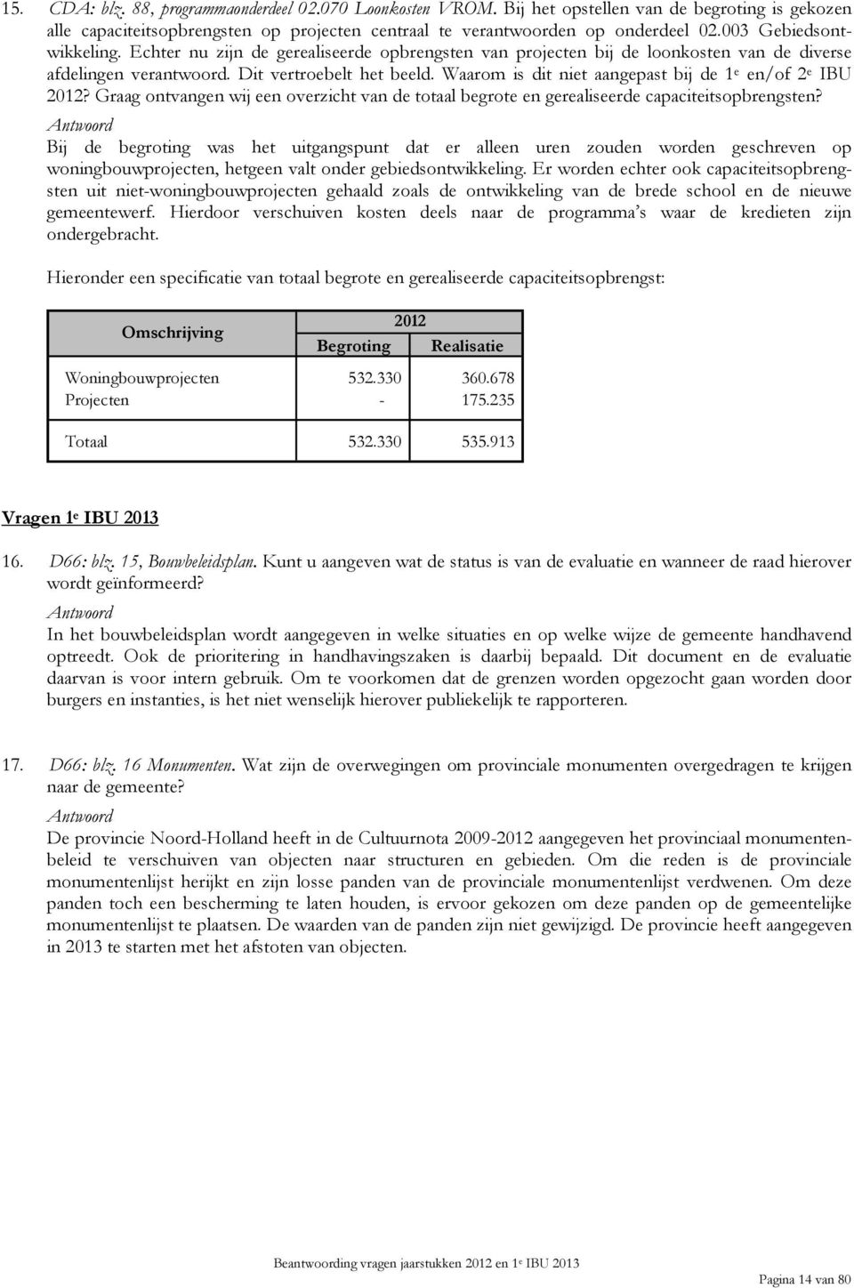 Waarom is dit niet aangepast bij de 1 e en/of 2 e IBU 2012? Graag ontvangen wij een overzicht van de totaal begrote en gerealiseerde capaciteitsopbrengsten?