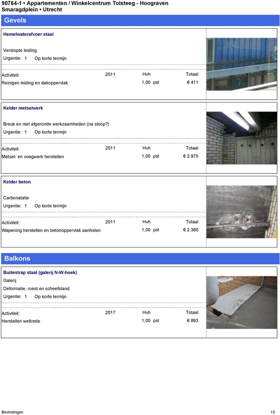 975 Kelder beton Carbonatatie Wapening herstellen en betonoppervlak aanhelen 2011 1,00 pst 2.