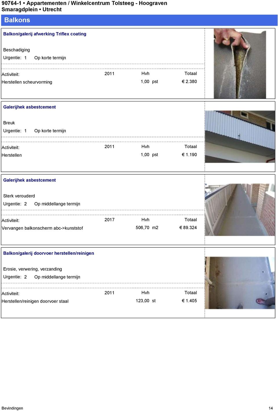 190 Galerijhek asbestcement Sterk verouderd Urgentie: 2 Op middellange termijn Vervangen balkonscherm abc->kunststof
