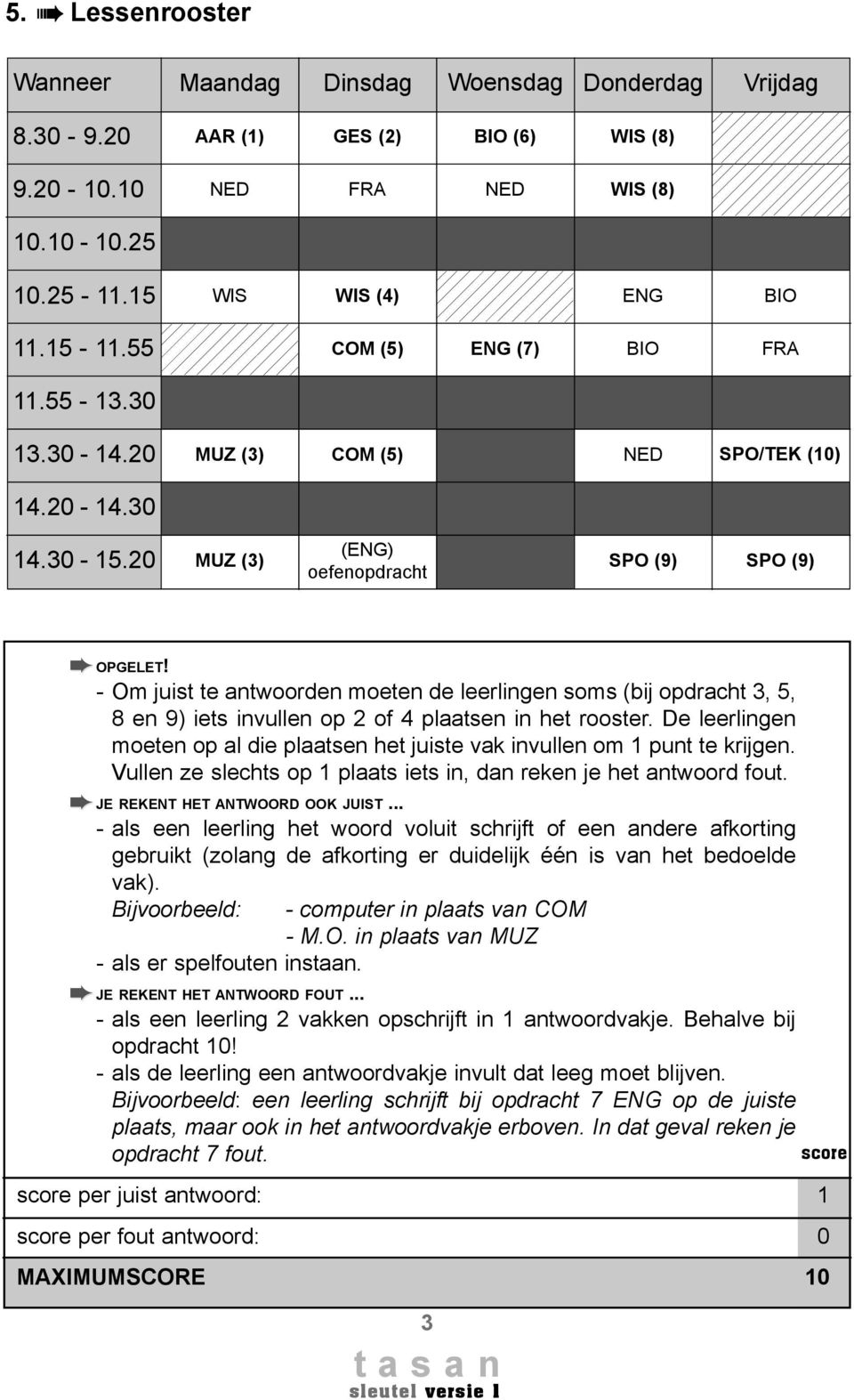 - Om juist te antwoorden moeten de leerlingen soms (bij opdracht 3, 5, 8 en 9) iets invullen op 2 of 4 plaatsen in het rooster.