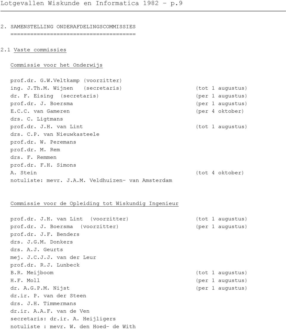 van Lint (tot 1 augustus) drs. C.P. van Nieuwkasteele prof.dr. W. Peremans prof.dr. M. Rem drs. F. Remmen prof.dr. F.H. Simons A. Stein (tot 4 oktober) notuliste: mevr. J.A.M. Veldhuizen- van Amsterdam Commissie voor de Opleiding tot Wiskundig Ingenieur prof.