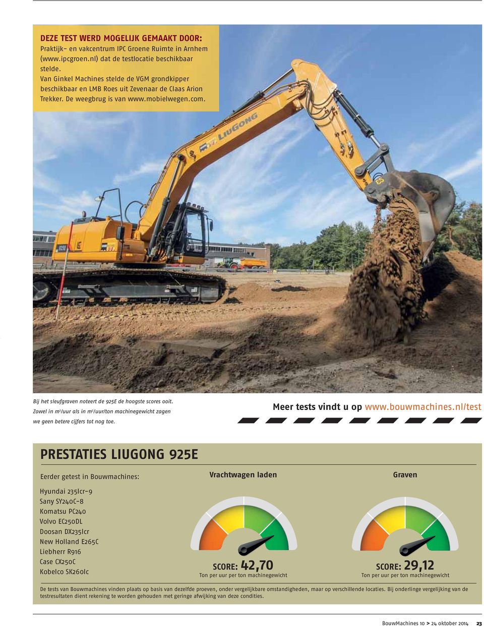 Bij het sleufgraven noteert de 925E de hoogste scores ooit. Zowel in m 3 /uur als in m 3 /uur/ton machinegewicht zagen we geen betere cijfers tot nog toe. Meer tests vindt u op www.bouwmachines.