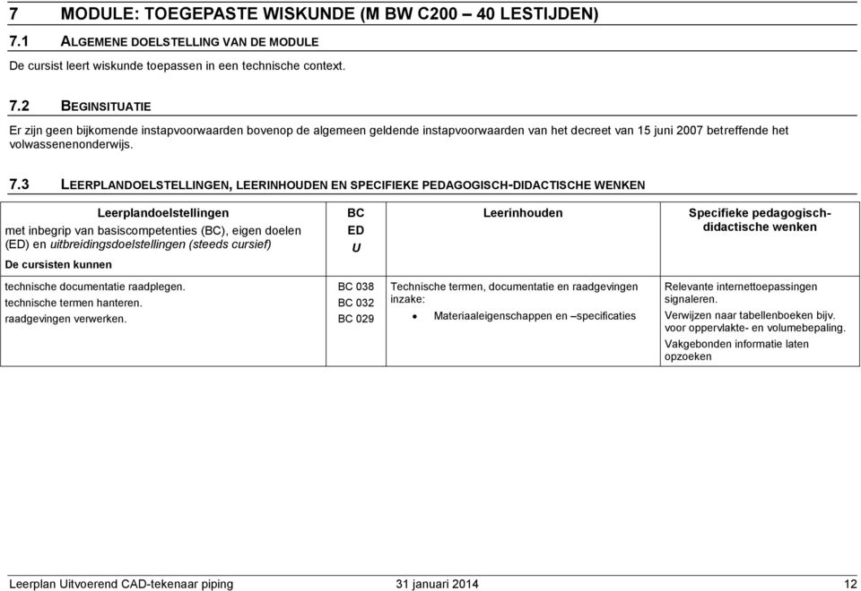 2 BEGINSITUATIE Er zijn geen bijkomende instapvoorwaarden bovenop de algemeen geldende instapvoorwaarden van het decreet van 15 juni 2007 betreffende het volwassenenonderwijs. 7.