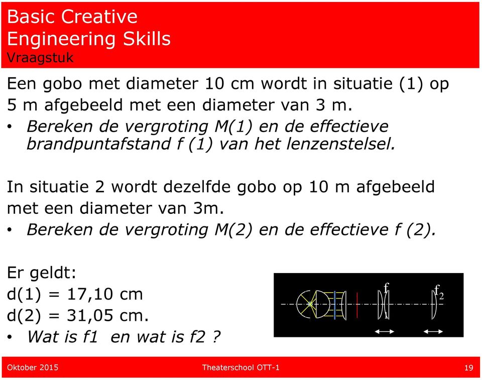 In situatie 2 wordt dezelfde gobo op 10 m afgebeeld met een diameter van 3m.