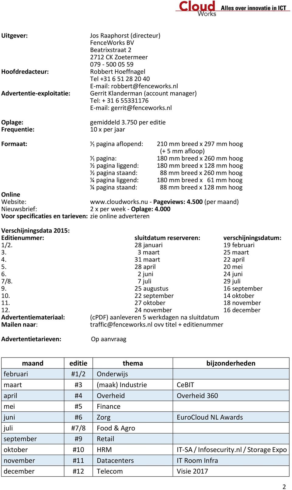 750 per editie 10 x per jaar Formaat: ⅟₁ pagina aflopend: 210 mm breed x 297 mm hoog (+ 5 mm afloop) ⅟₁ pagina: 180 mm breed x 260 mm hoog ½ pagina liggend: 180 mm breed x 128 mm hoog ½ pagina